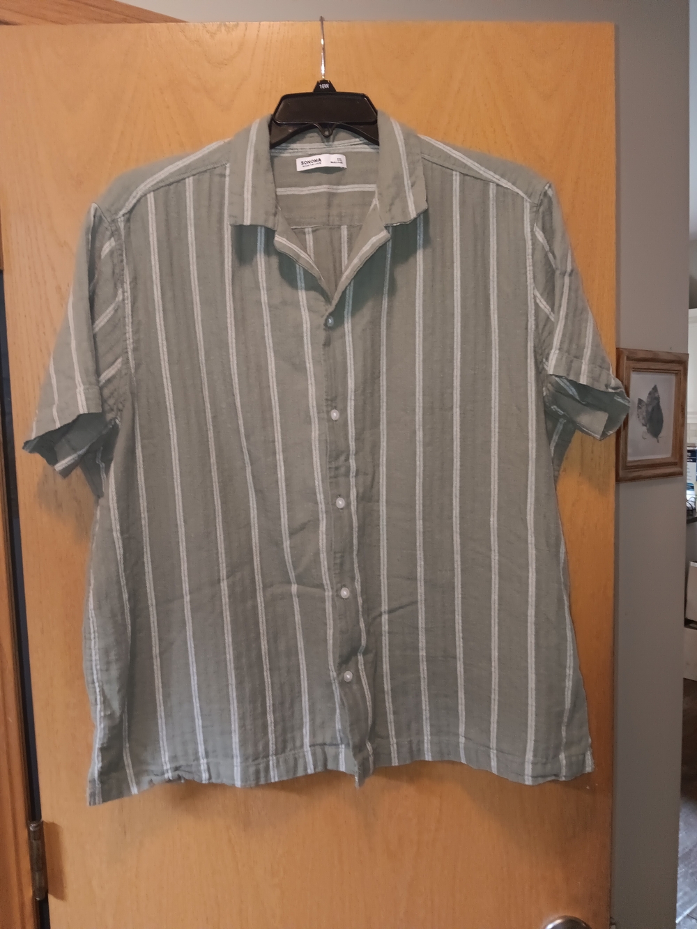 Mens Size XXL, Sonoma Olive Green Vertical Stripe Short-Sleeve Button Shirt